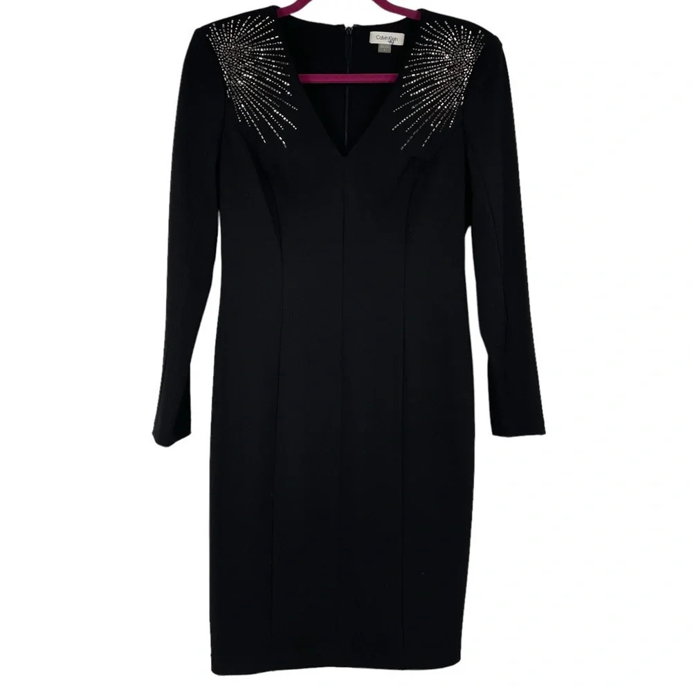 Calvin Klein LBD black sheath dress with embellished shoulder starburst 6